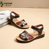 啄木鸟妈妈凉鞋真皮中老年50岁夏季新款女士软底女鞋中年平底老人防滑女 黑色 38