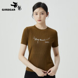 哥弟（GIRDEAR）女装细坑条深呼吸字母印花圆领套头修身短袖T恤女1300896 陶土棕 L (4码)