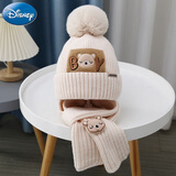 迪士尼（Disney）秋冬新年儿童帽子男孩小熊毛线帽女童针织加棉保暖宝宝帽子围巾两 BY卡通闭眼小熊-米白色-帽子+围 参考2-10岁帽围49-54cm均码