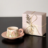 SUCCOHOMEWARE小清新花卉咖啡杯套装礼盒 ins风复古陶瓷马克杯新婚礼物搬家乔迁 风铃粉(一杯一碟)礼品包装