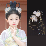 菱梦 古风汉服头饰边夹小仙女蜻蜓流苏发夹 儿童古装表演配饰步摇发饰 金色白花发夹一对
