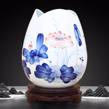 傲世景德镇陶瓷器新中式青花瓷水培插花瓶工艺品客厅摆件博古架装饰品 雨濯清荷三叶荷（配木质底座）