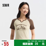 森马（Semir）短袖T恤女短款设计感印花2024夏季插肩袖紧身套头衫109324100036