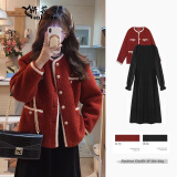 妍莉芬2025年新款春季女装红色外套穿搭衣服小香风连衣裙女套装裙子秋冬 外套+黑色连衣裙 S