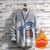 格润欧尚鲨鱼卡通圆领毛衣男生秋冬季加厚宽松针织衫港风 白色【加厚】 收藏加购优先发 XL