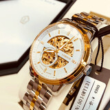 罗宾尼（LOBINNI）【品质严选】品牌手表男士全自动机械表镂空超薄商务休闲时尚腕表 金壳白面钢带款