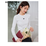 红袖字母绣正肩长袖T恤春秋季新款女装圆领别致小众显瘦百搭打底上衣 本白001 S