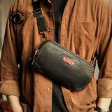 ANDSEEYOU品牌 斜挎包男 头层牛皮手拿包 百搭运动包 真皮胸包 多功能随身小包 简约单肩背包 黑色