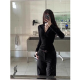 LDBE韩系修身v领长袖t恤女秋冬新款内搭设计高级感收腰显瘦上衣打底衫 黑色 L