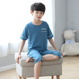 噜噜牛儿童睡衣男孩夏季纯棉中大童圆领短袖薄款男童家居服 21007-蓝色 140 (14码建议身高135-140)