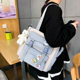 丝音 日系ins帆布包女初中学生手提袋拎书袋大容量可爱百搭斜挎单肩包 浅蓝色 带腮红小熊挂件 带徽章