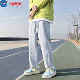 NASA MARVEL美式复古牛仔裤男秋冬新款宽松直筒男士休闲裤潮牌学生九分阔腿裤 浅蓝色 XL