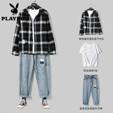 花花公子【3件套】短袖T恤男士新款青年牛仔裤套装男休闲宽松衣服裤子男装 LY513黑衬衫＋2001短袖+2488牛仔裤 L