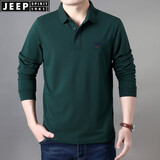 JEEP SPIRIT翻领长袖t恤宽松弹力春夏柔软休闲开衩体恤衫莫代尔混纺薄款上衣 墨绿薄款 2XL (185) /100A建议150-155斤