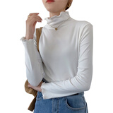 FOURDATRY 打底衫女春秋款木耳边半高领长袖纯色叠穿修身保暖上衣 白色 均码