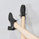 ZHR单鞋女英伦风摩登方头高跟鞋百搭中跟粗跟显高系带深口小皮鞋女 Y557 黑色 38 