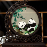 蜀中瑰宝蜀绣熊猫双面刺绣屏风摆件中国风特色出国送老外四川成都非遗礼物 节节高熊猫（四川成都发货）