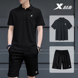 特步运动套装男夏季透气轻薄速干跑步运动服健身房训练快干球衣两件套 黑色翻领+短裤(速干套装) M(170/92A)【现货速发】