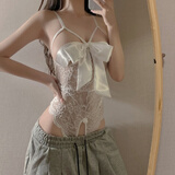 纯欲蝴蝶结绑带吊带内衣小胸性感蕾丝背心+针织开衫两件套女 白色吊带 均码