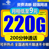 中国联通中国联通流量卡电话卡手机卡4g5G学生卡低月租纯流量卡全国通用不限速上网卡 喜庆卡  9元/月220G通用流量+200分钟通话