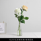 凉笙 ins小清新绢花假花仿真花 客厅玻璃花瓶装饰品摆件餐桌花艺套装花 1白1香槟绽放玫瑰+小雨点花瓶
