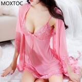 MOXTOC性感睡衣女士蕾丝四件套网纱透吊带睡裙纯欲家居服私房520礼物 虾粉 L （108-122斤）