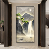 好久不见流水生财玄关装饰画新中式入户门竖版壁画山水画背景墙挂画