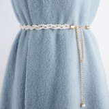 庭睿百搭女士腰链连衣裙装饰细腰带珍珠多层甜美毛衣腰链金属链条皮带 白色