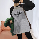 FOX.G德绒打底衫女长袖t恤中长款衣服女装宽松上衣可外穿加绒内搭遮臂 小鲨鱼长袖t恤黑拼灰 XL 【建议125-140斤】