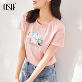 欧莎（OSA）T恤女士夏季新款衣服短袖印花上衣体恤修身潮清爽冰瓷棉感 粉色 S