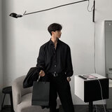 嘉晔（JIAYE）高冷系纯色衬衫男西服内搭长袖打底衫意式感免烫雪纺衬衣 黑色 2XL