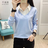 千语淇 2025秋装新款宽松长袖t恤女百搭打底衫卫衣刺绣娃娃领假两件上衣 蓝色 XL 建议115-125斤