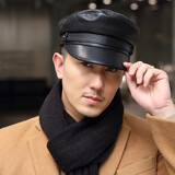 荻琮 真皮帽子男士秋冬季户外休闲山羊皮帽男韩版时尚保暖平顶鸭舌帽 黑色 L (55-56cm)