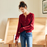 Olrain【5折】红色毛衣开衫女装春季高级感圆领亲肤绒显瘦针织衫女 酒红色 XL