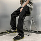 卡图弛 牛仔裤男春季美式复古高街宽松阔腿潮流韩版ins微喇直筒休闲裤子 黑色 XL 【建议120-140斤】