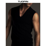 拓品 纯棉v领宽肩背心男无袖打底衫夏季运动上衣服健身紧身坎肩汗背心 黑色 L /185（欧版）