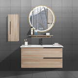 滨浪实木洗衣机柜卫浴柜组合套装卫生间洗手脸盆洗漱台智能圆镜柜2006 原木纹智能圆镜款（侧柜另购） 90CM