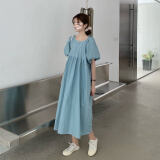 索宛亦（SUOWANYI）气质温柔风新款夏季短袖系带连衣裙女学生宽松泡泡袖中长款A字 蓝色【(送)哦】 XL