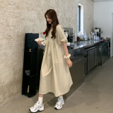 索宛亦（SUOWANYI）气质温柔风新款夏季短袖系带连衣裙女学生宽松泡泡袖中长款A字 杏色【(送)哦】 S