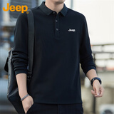 吉普（JEEP）长袖T恤男秋冬季宽松休闲polo领打底衫男士衣服男装 黑色 5XL