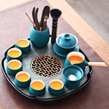 陶尚吟陶瓷天然石材茶台储排水两用式现代简约家用办公小茶盘功夫茶具 莲花木纹石书窗红墨绿三才碗套装