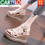 卡帝乐鳄鱼（CARTELO）品牌高档女凉鞋厚底坡跟凉鞋女夏季高跟鱼嘴女鞋子增高松糕女凉鞋 米色 35