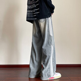 卡图弛美式高街三条杠牛仔裤男春秋季宽松直筒阔腿裤子潮牌复古长裤男装 蓝色【常规】 XL