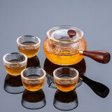 正扬玻璃功夫茶具套装家用锤纹花梨木双侧把泡茶壶耐热茶杯办公整套小 4个 5头(锤纹侧把壶-高碗杯)