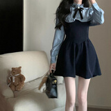 尔山集连衣裙女秋冬2024新款长袖衬衫短裙蓬蓬裙子大衣内搭显瘦收腰 藏蓝色拼色条纹衬衫裙子M