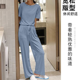 三件套软软冰丝睡衣女夏季薄款短袖无痕舒适家居服可外穿阔腿裤子 蓝色(短袖短裤长裤)不掉色 均码90-140斤可穿