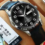 上海全自动机械表韩版时尚薄款双日历中老年夜光防水商务手表男士 瑞士精美腕表-黑面黑皮带