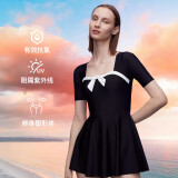 弈姿女士泳衣保守连体裙式游泳衣遮肚温泉泳装 EZI21W085 黑色 XL