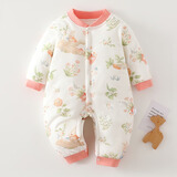 婧麒婴儿连体衣保暖秋冬夹棉冬季新生儿衣服宝宝150g加厚哈衣服 150g粉色花丛兔 59cm