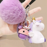驱派 独角兽钥匙扣女可爱毛绒钥匙链书包挂件小饰品铃铛汽车钥匙挂件 紫白独角兽+紫毛球+铃铛